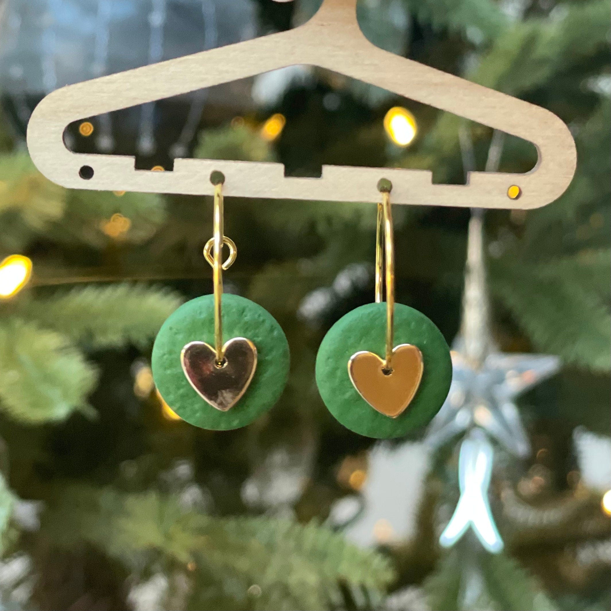 Olive Green & Gold Heart Hoops