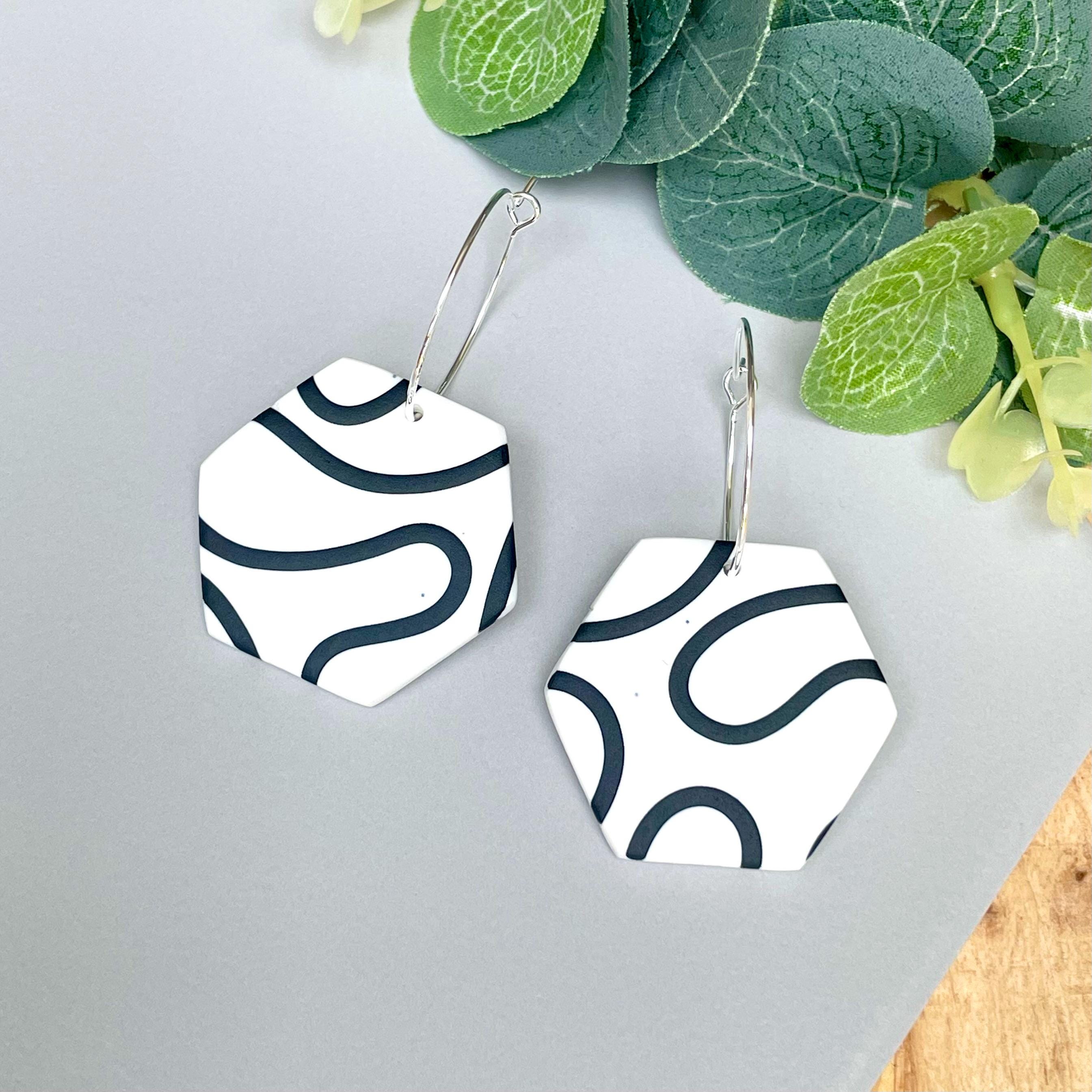 White & Black Squiggle Hexagon Hoops