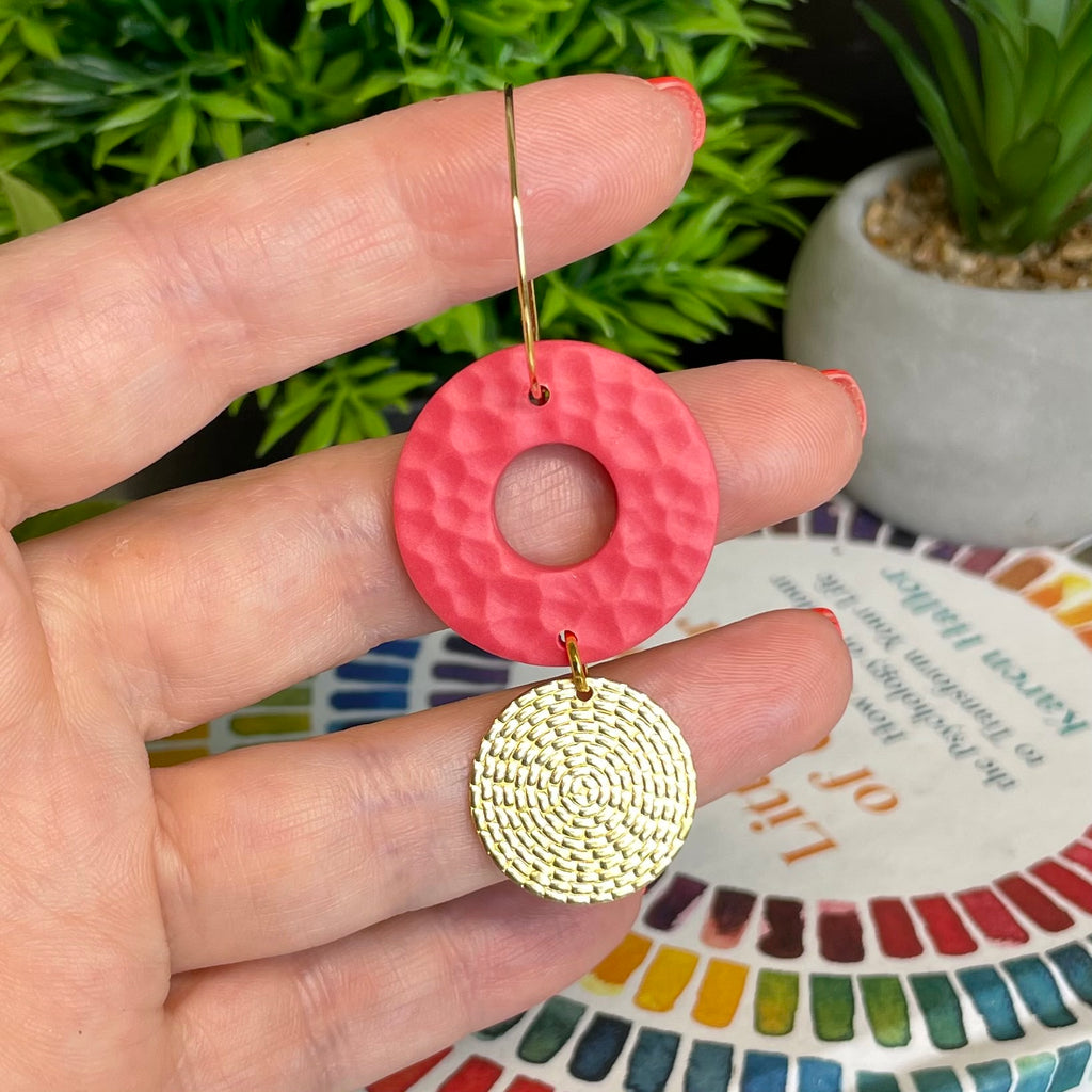 Coral & Gold Textured Doughnut Hoop Earrings