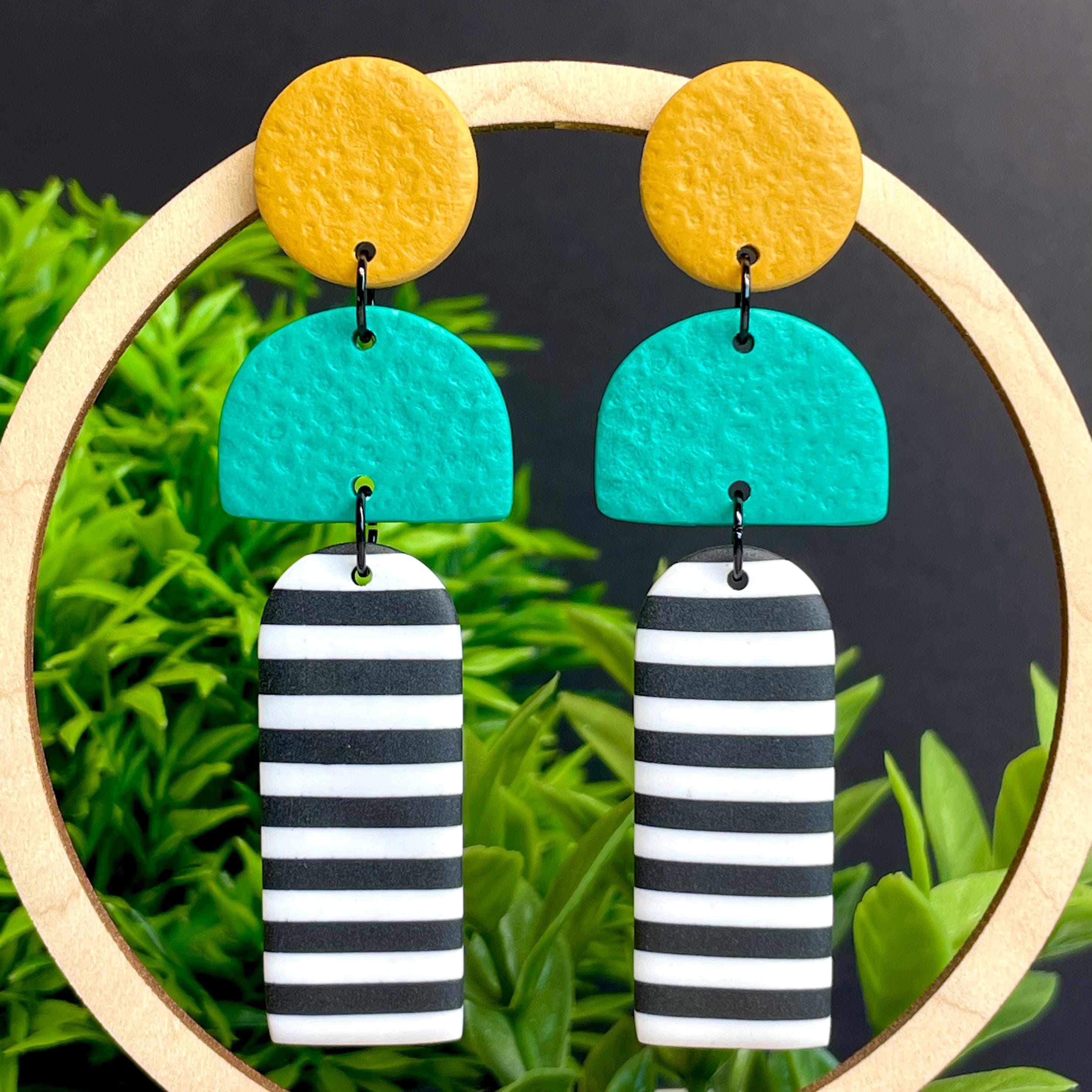 Yellow, Green & Mono Stripe Long Dangles