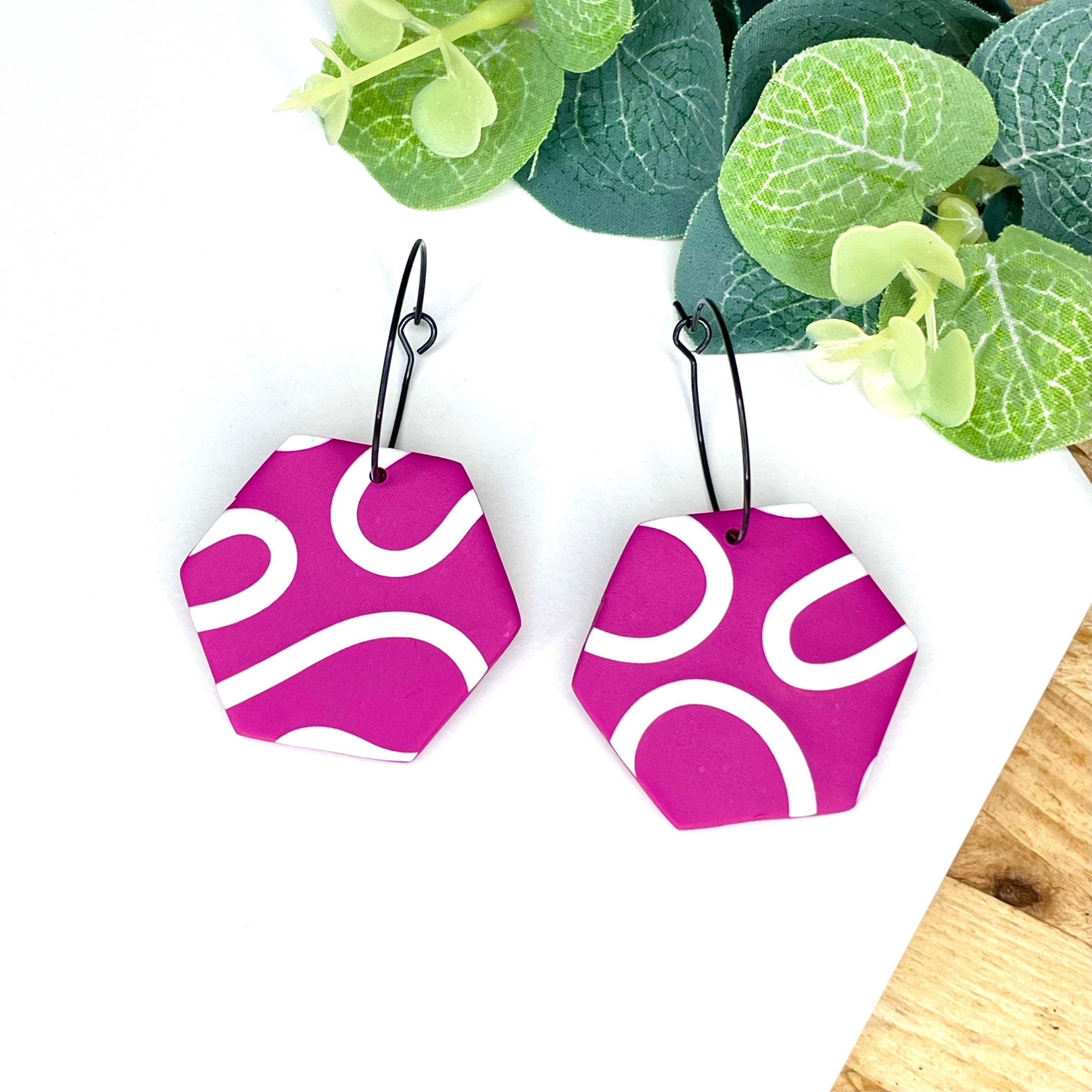 Hot Pink & White Squiggle Hexagon Hoops