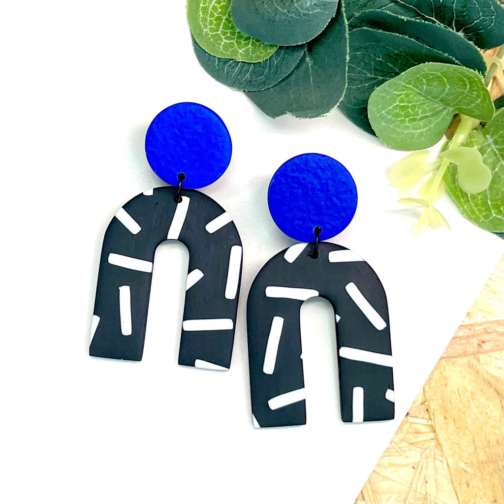 Electric Blue & Monochrome Sprinkle Arch Dangles