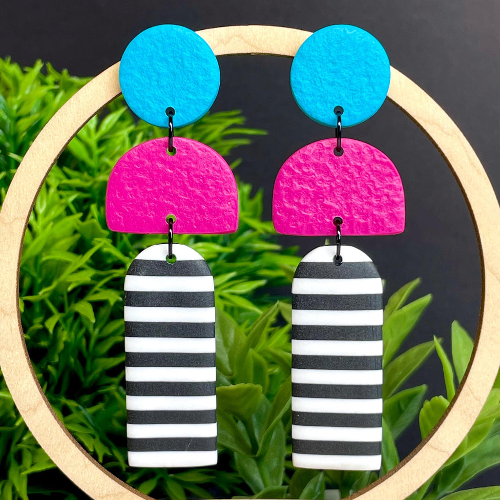 Turquoise, Hot Pink & Mono Stripe Long Dangles