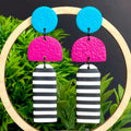 Turquoise, Hot Pink & Mono Stripe Long Dangles