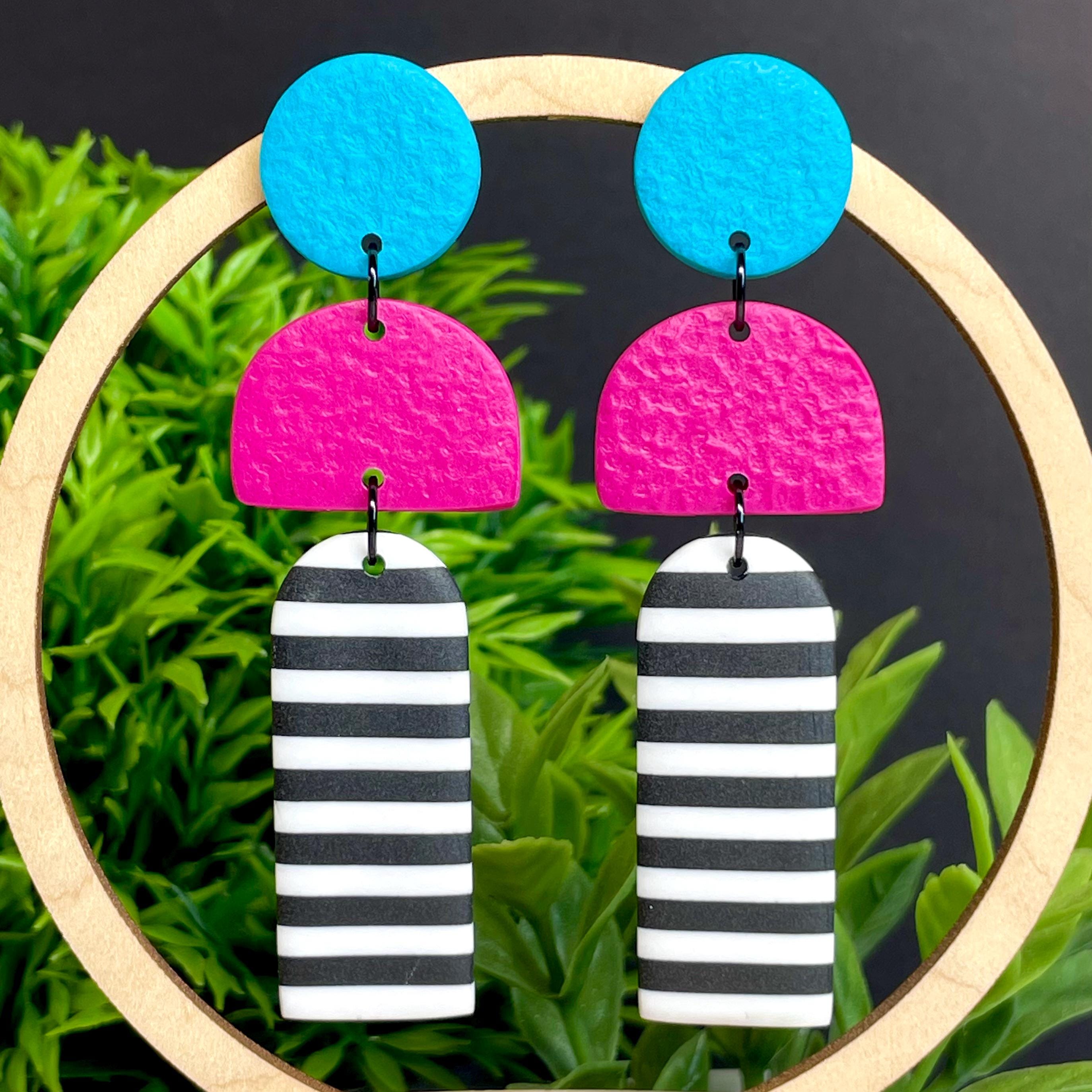 Turquoise, Hot Pink & Mono Stripe Long Dangles