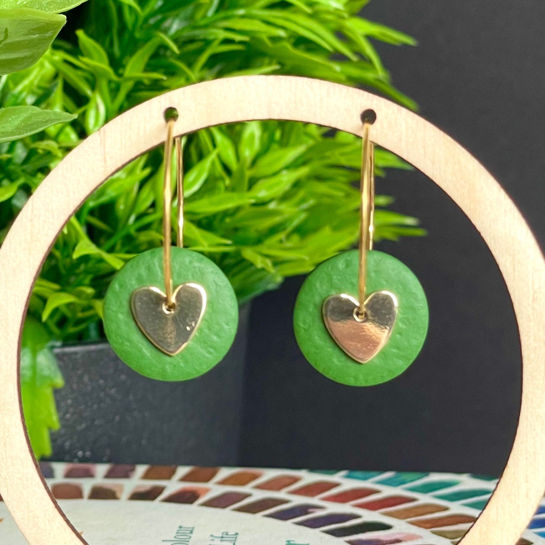 Olive Green & Gold Heart Hoops