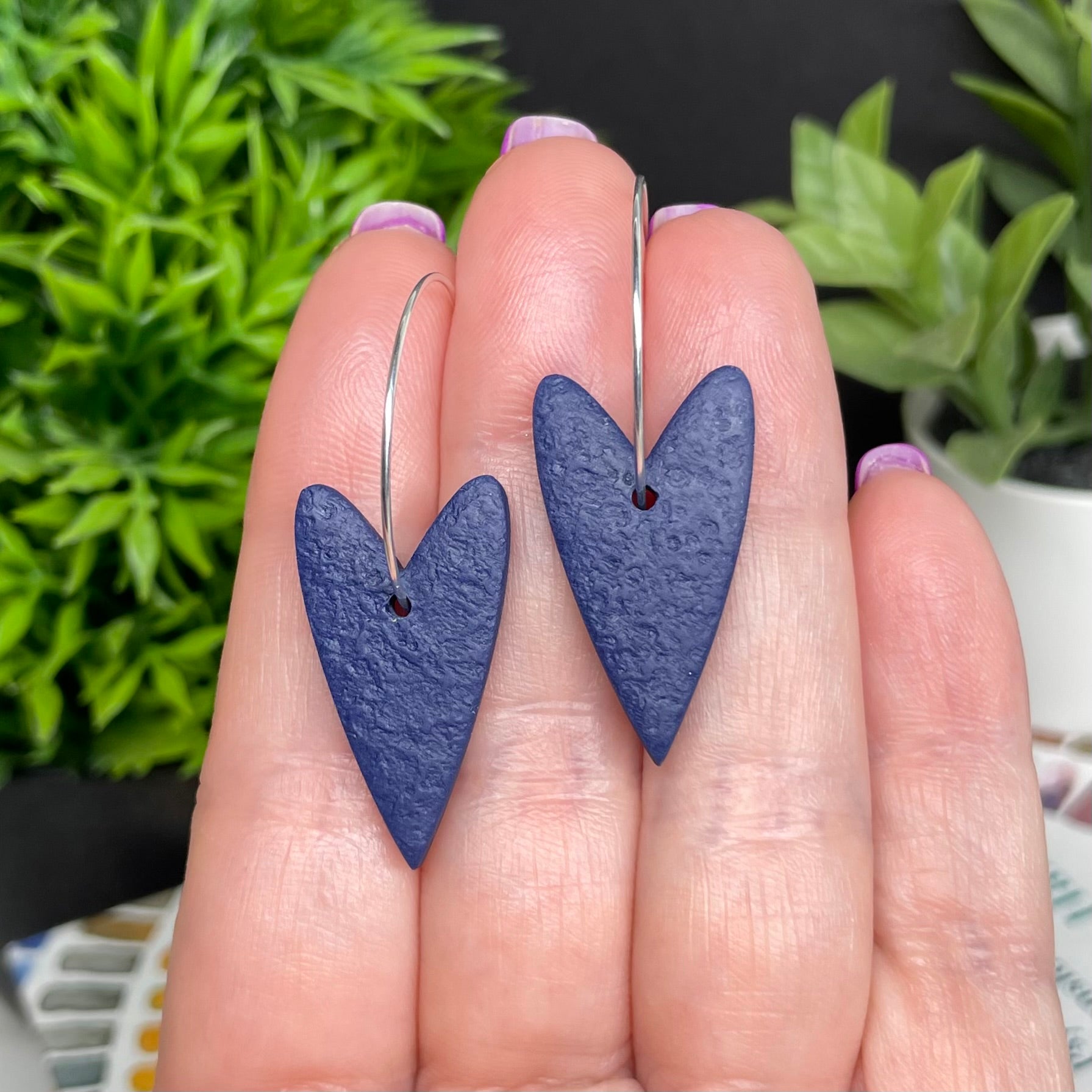 Navy Blue Heart Hoops