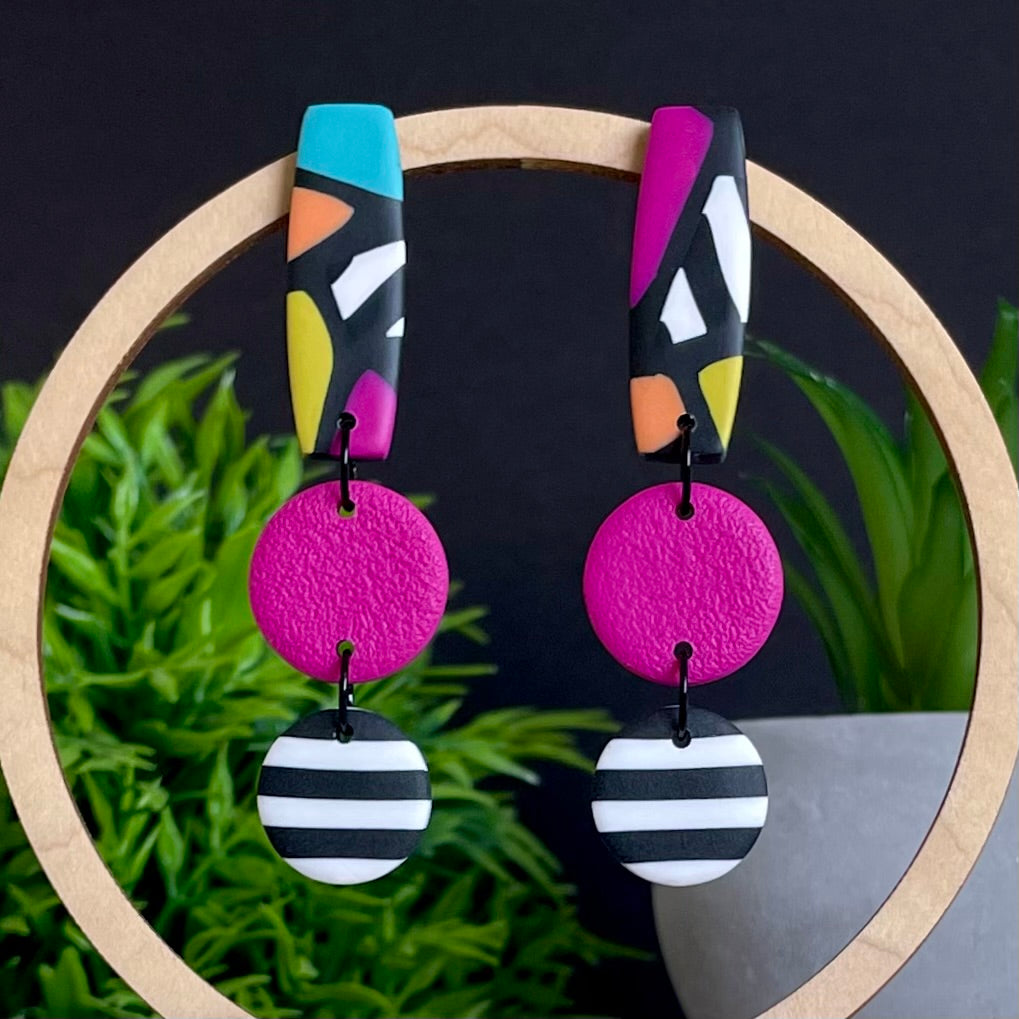 Retro Mosaic & Mono Stripe Long Dangle