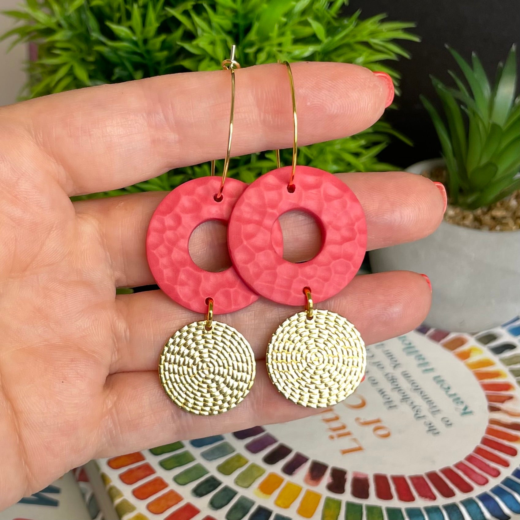 Coral & Gold Textured Doughnut Hoop Earrings