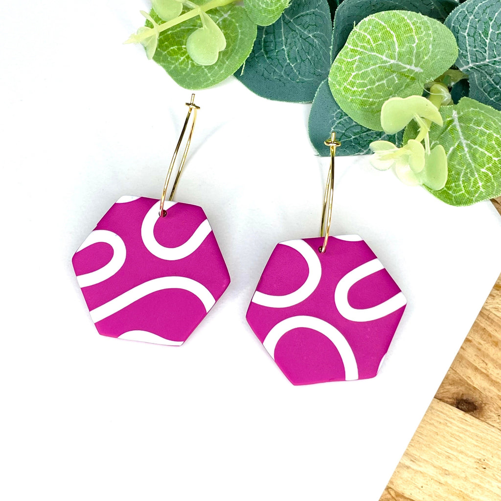 Hot Pink & White Squiggle Hexagon Hoops