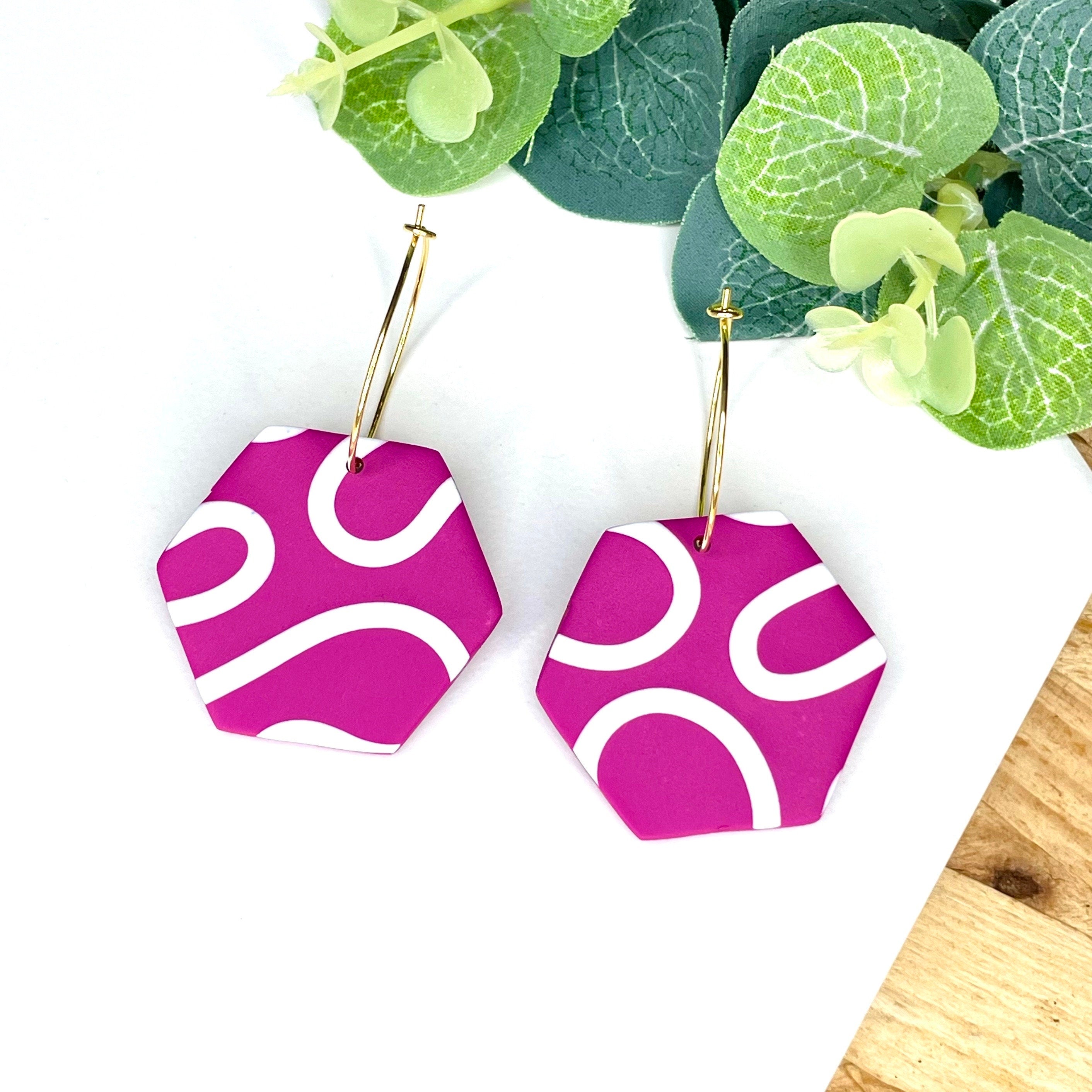 Hot Pink & White Squiggle Hexagon Hoops