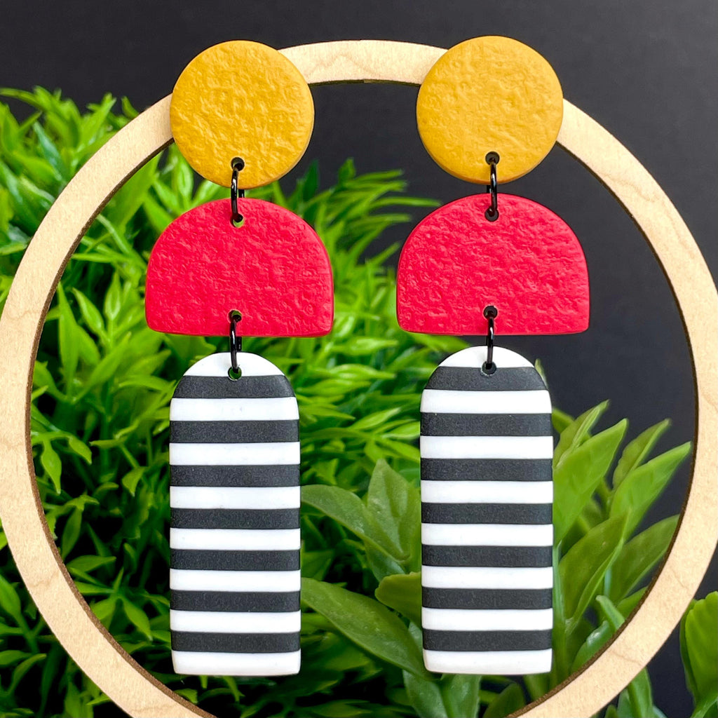 Yellow, Red & Mono Stripe Long Dangles