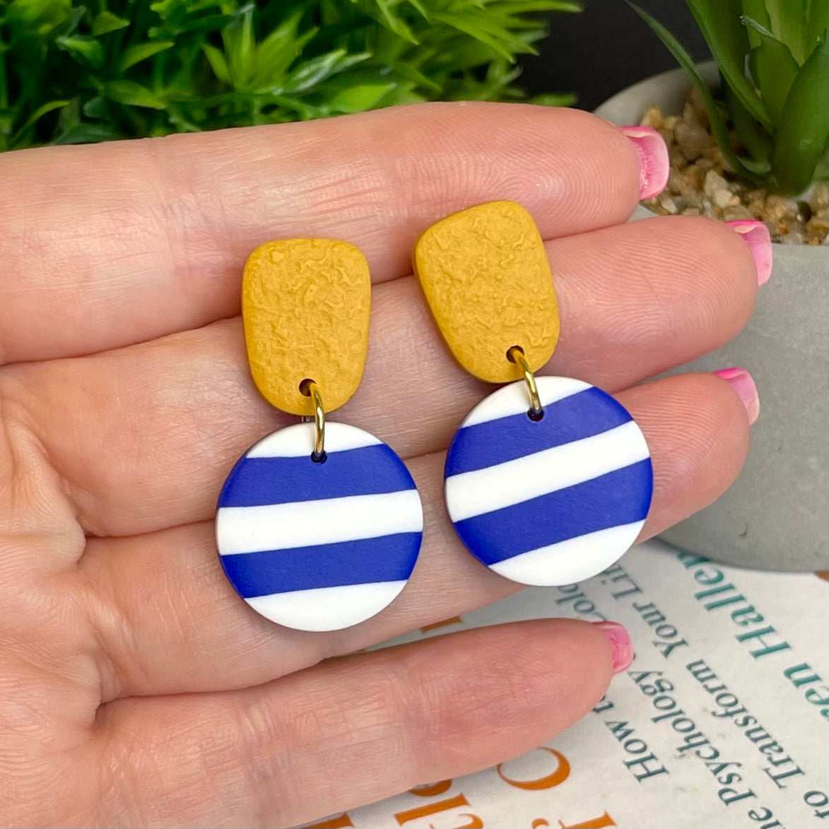 Mustard Yellow with Royal Blue & White Stripe Dangles