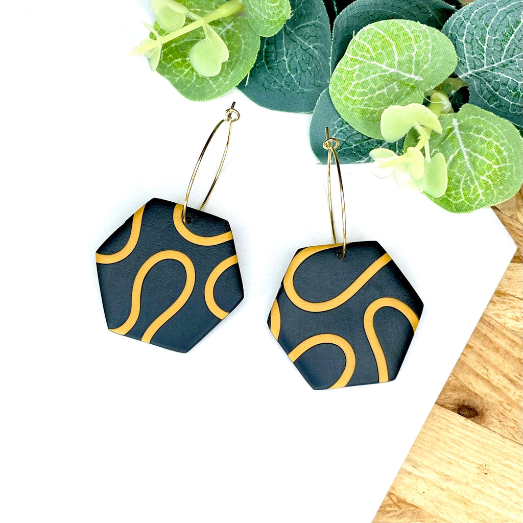 Black & Mustard Squiggle Hexagon Hoops