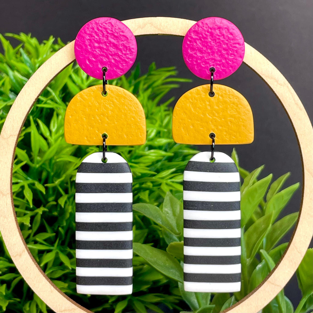 Pink, Yellow & Mono Stripe Long Dangles