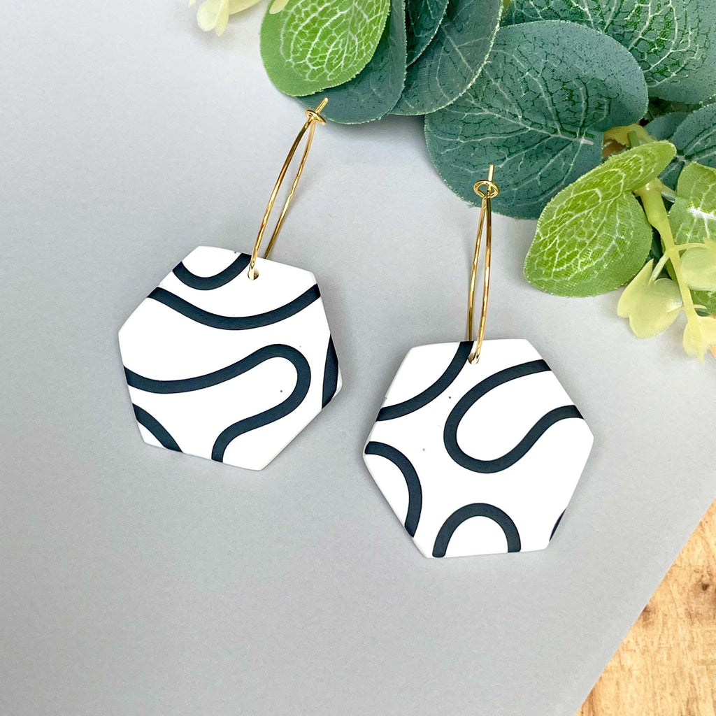 White & Black Squiggle Hexagon Hoops