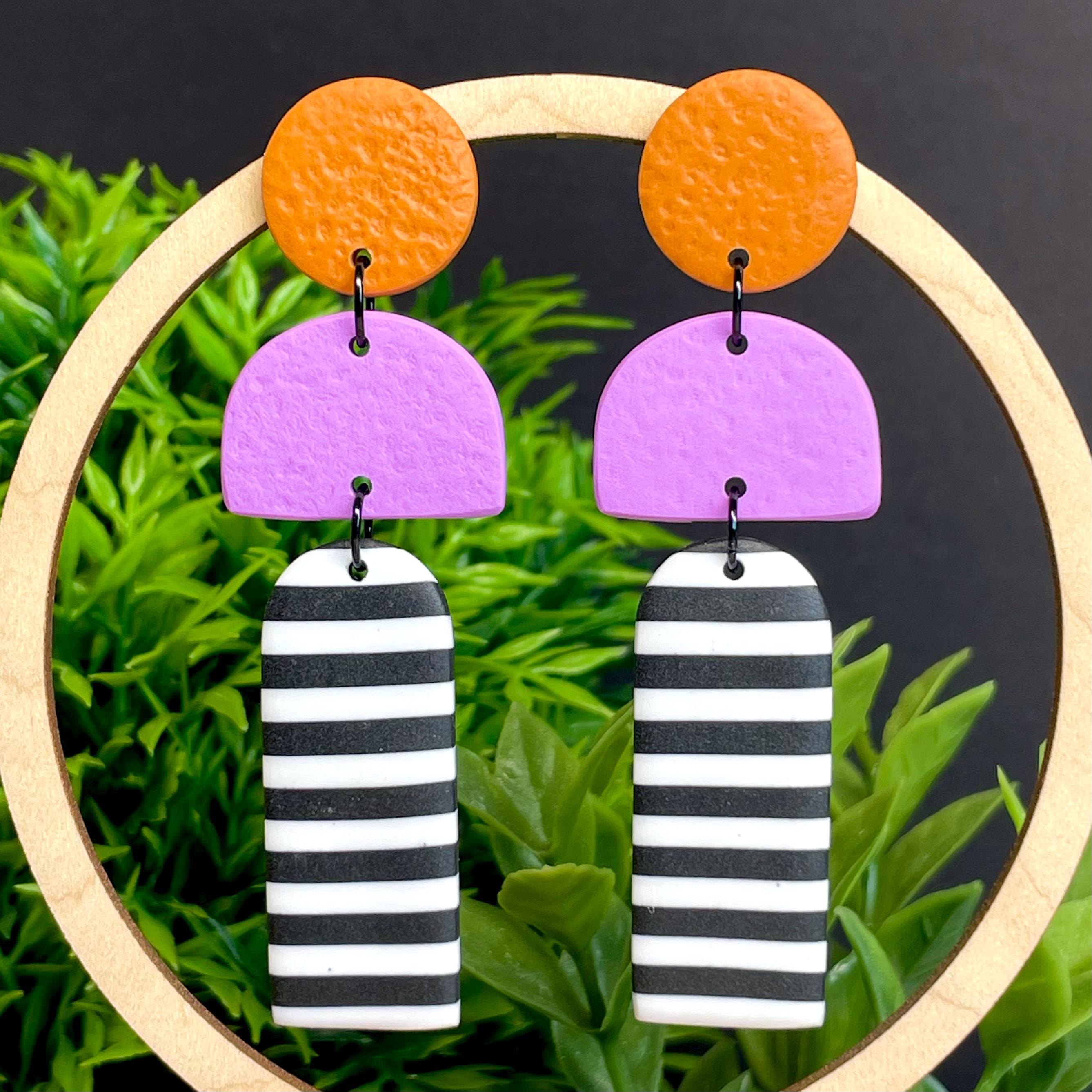 Orange, Lilac & Mono Stripe Long Dangles