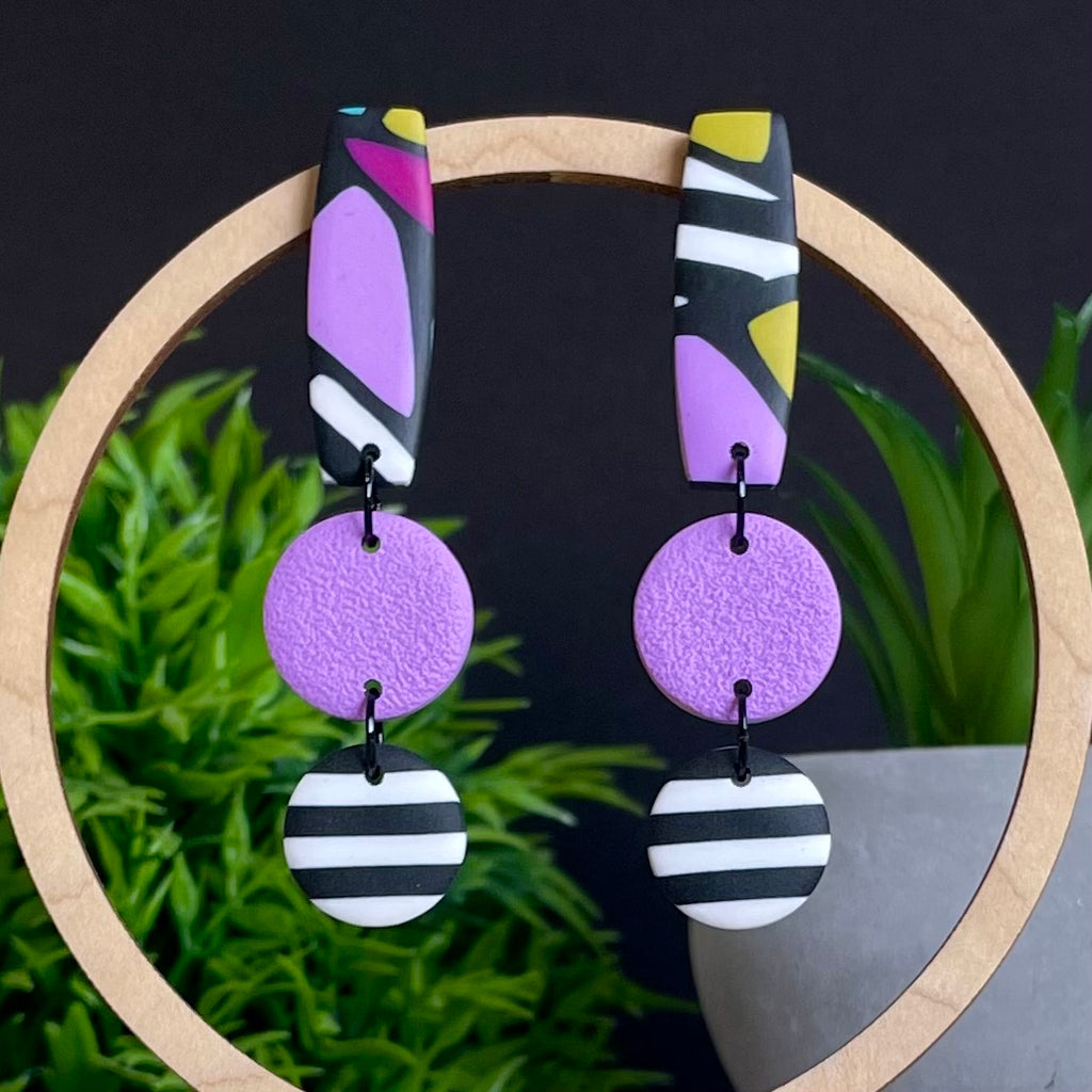 Retro Mosaic & Mono Stripe Long Dangle