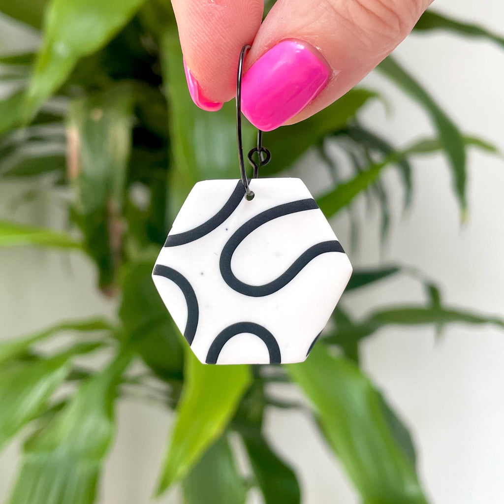 White & Black Squiggle Hexagon Hoops