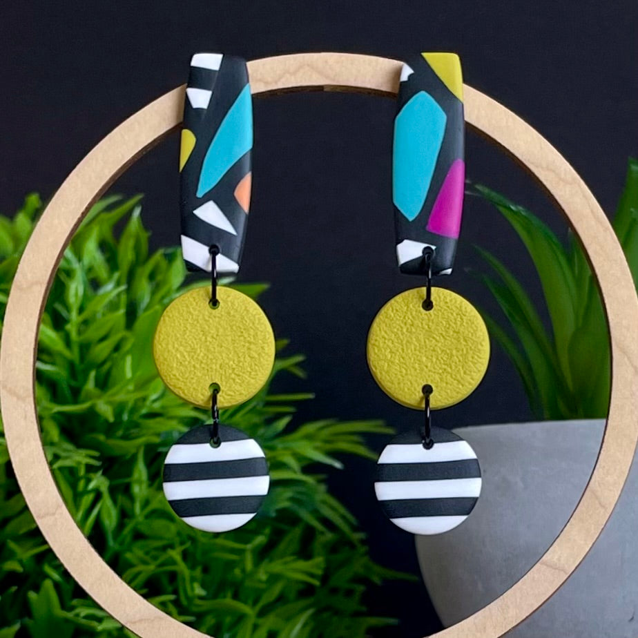 Retro Mosaic & Mono Stripe Long Dangle