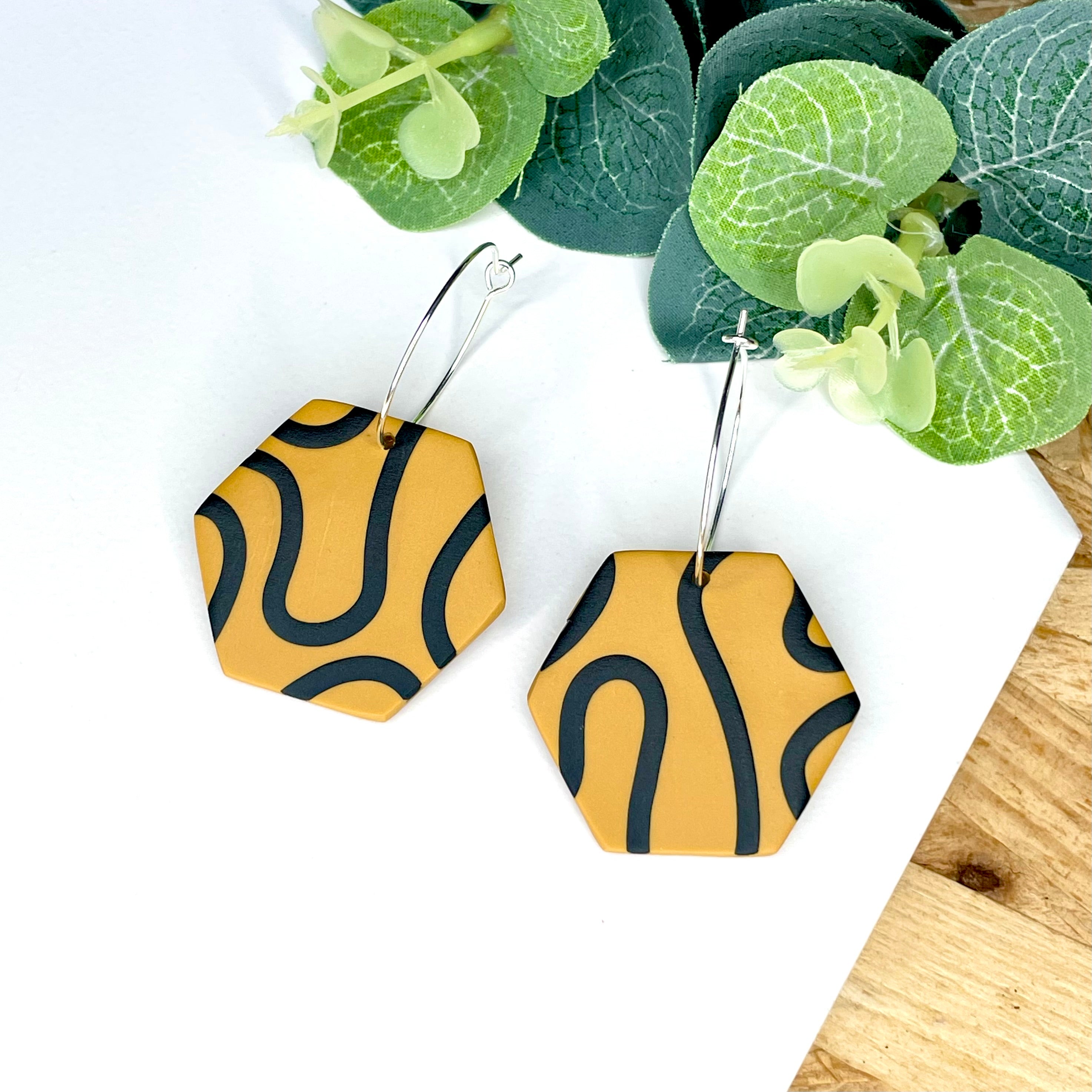 Mustard & Black Squiggle Hexagon Hoops