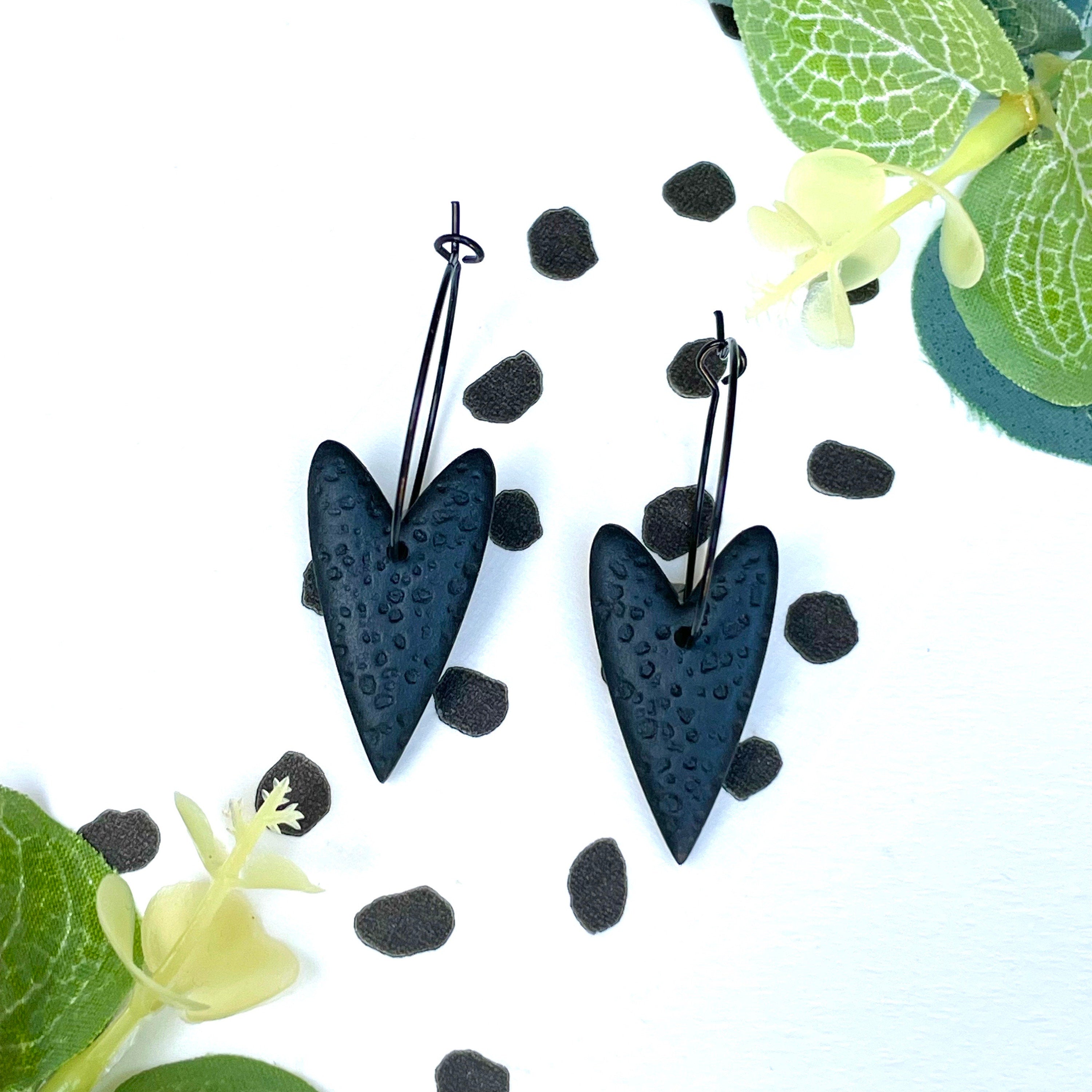 Black heart earrings on black colour hoops