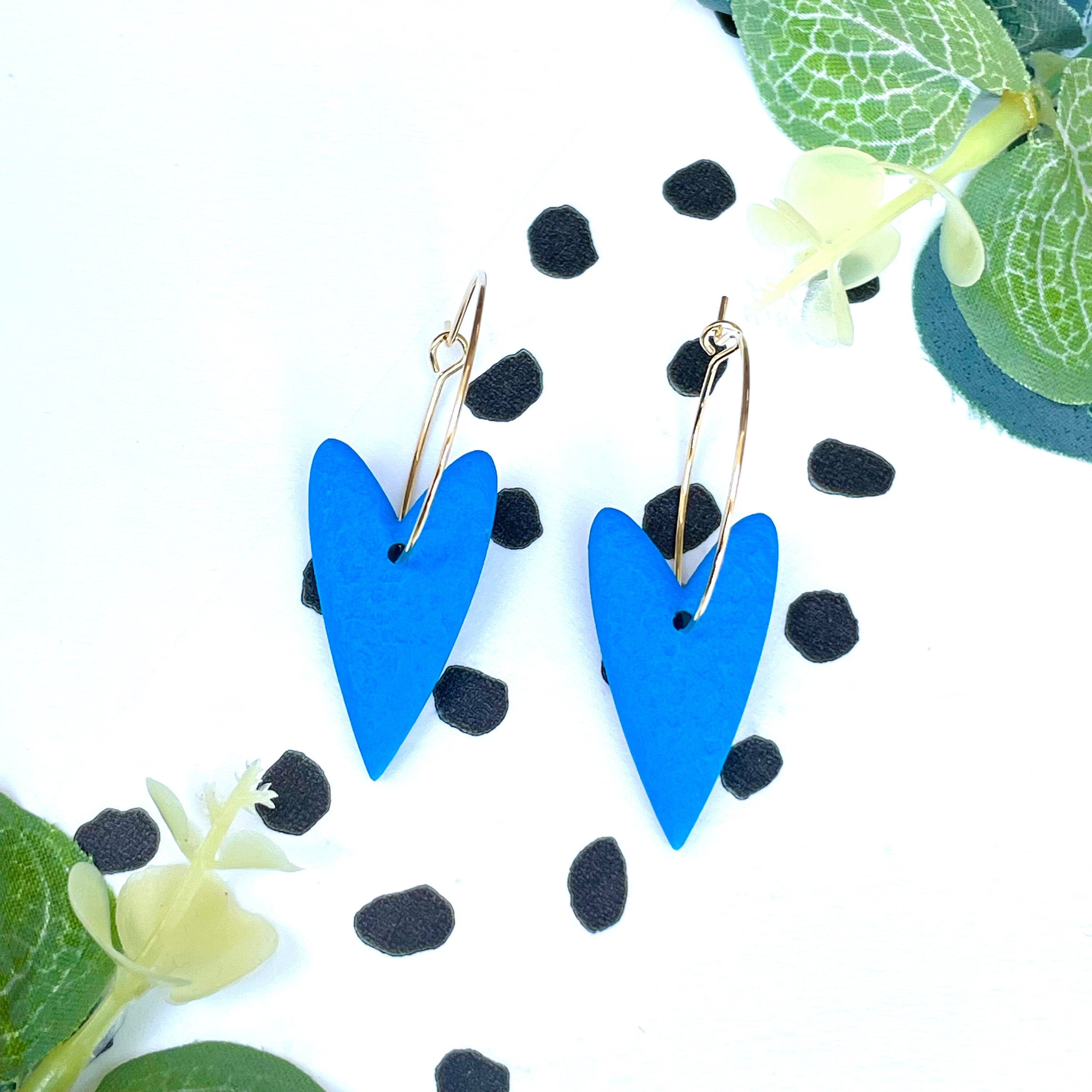 Blue heart hoop earrings on gold colour hoops