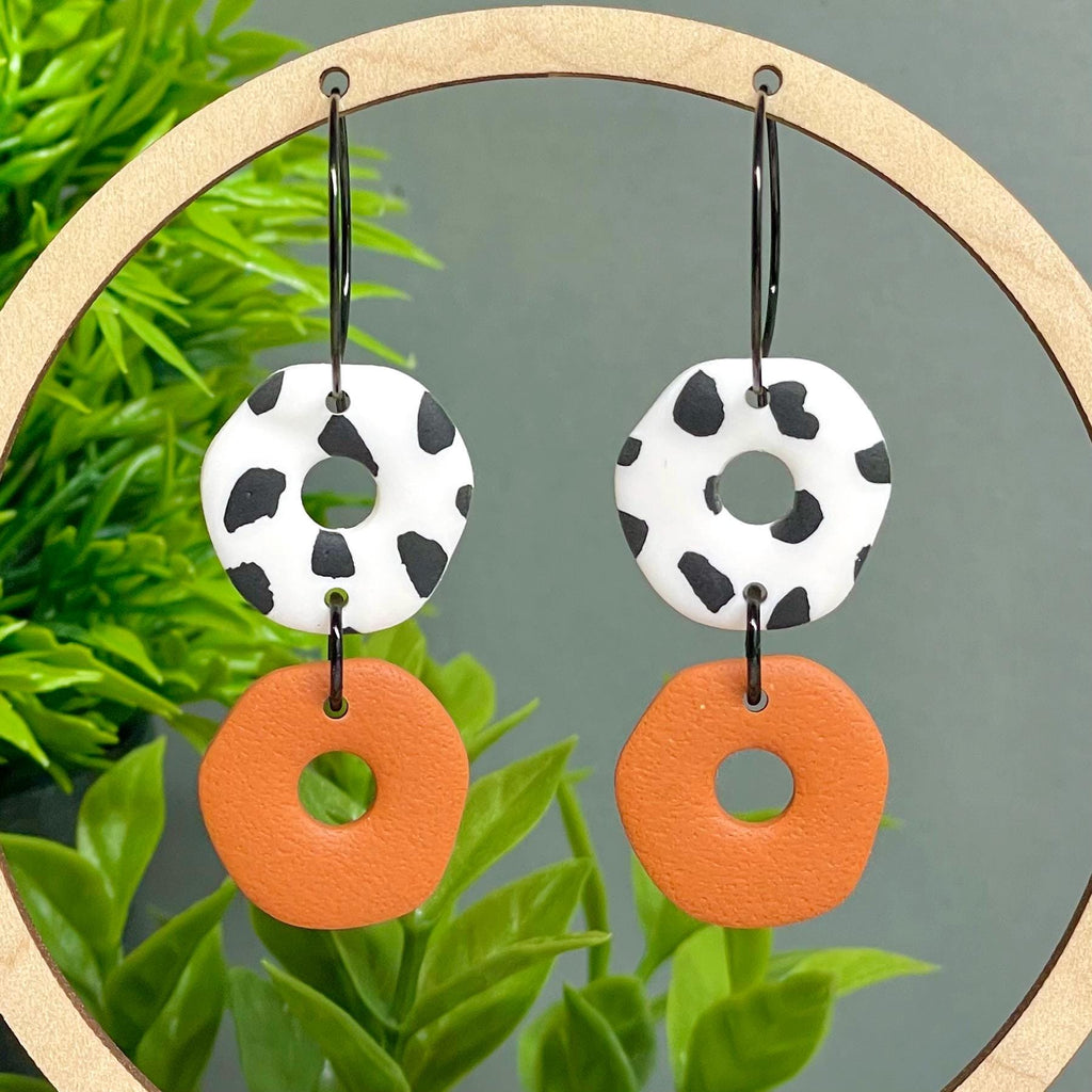 Burnt orange & Dalmatian print hoop earrings