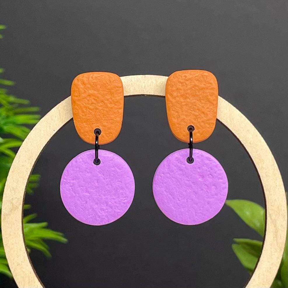Colour block dangle earrings - burnt orange & lilac