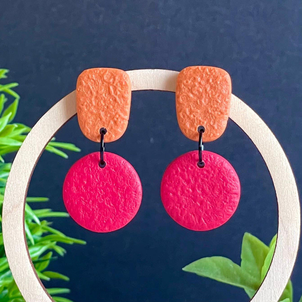 Colour block dangle earrings - burnt orange & red