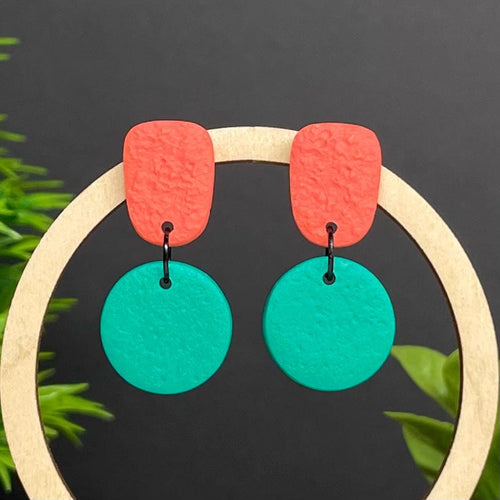 Colour block dangle earrings - coral & emerald green