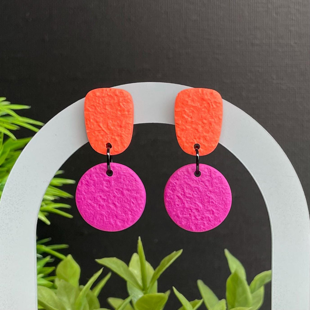 Colour block dangle earrings - coral & hot pink 