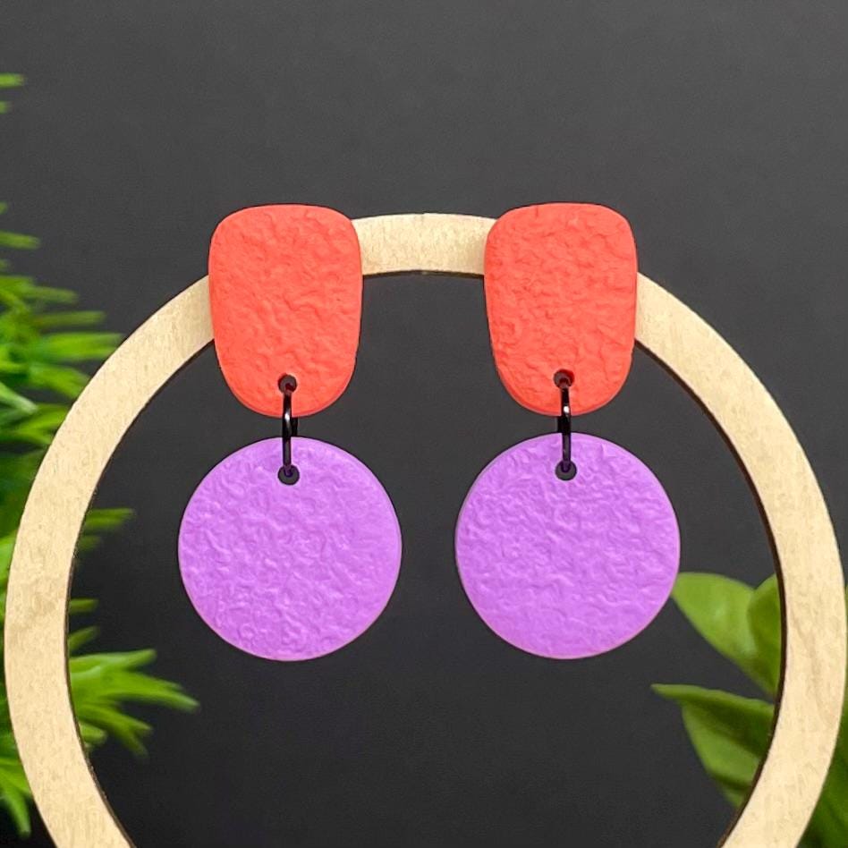 Colour block dangle earrings - coral & lilac