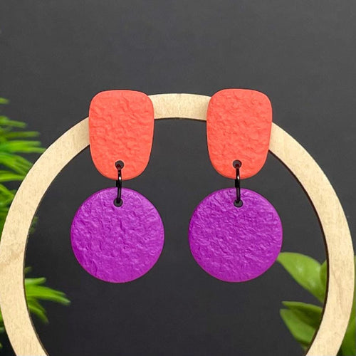 Colour block dangle earrings - coral & purple