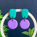 Colour block dangle earrings - emerald green & lilac