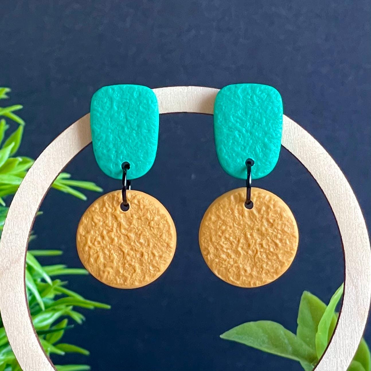 Colour block dangle earrings - emerald green & mustard yellow