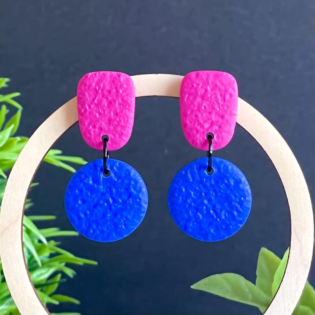 Colour block dangle earrings - hot pink & electric blue