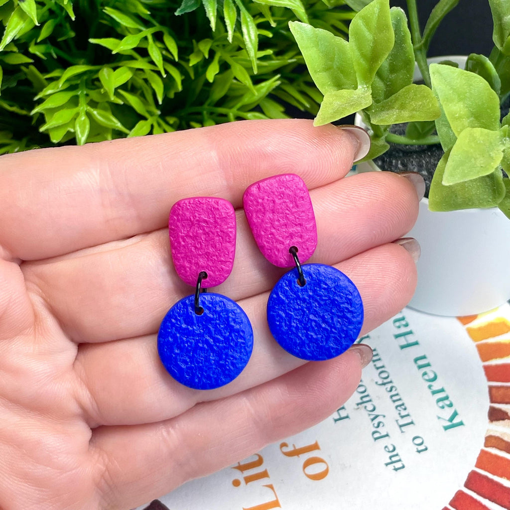 Colour block dangle earrings - hot pink & electric blue hand held