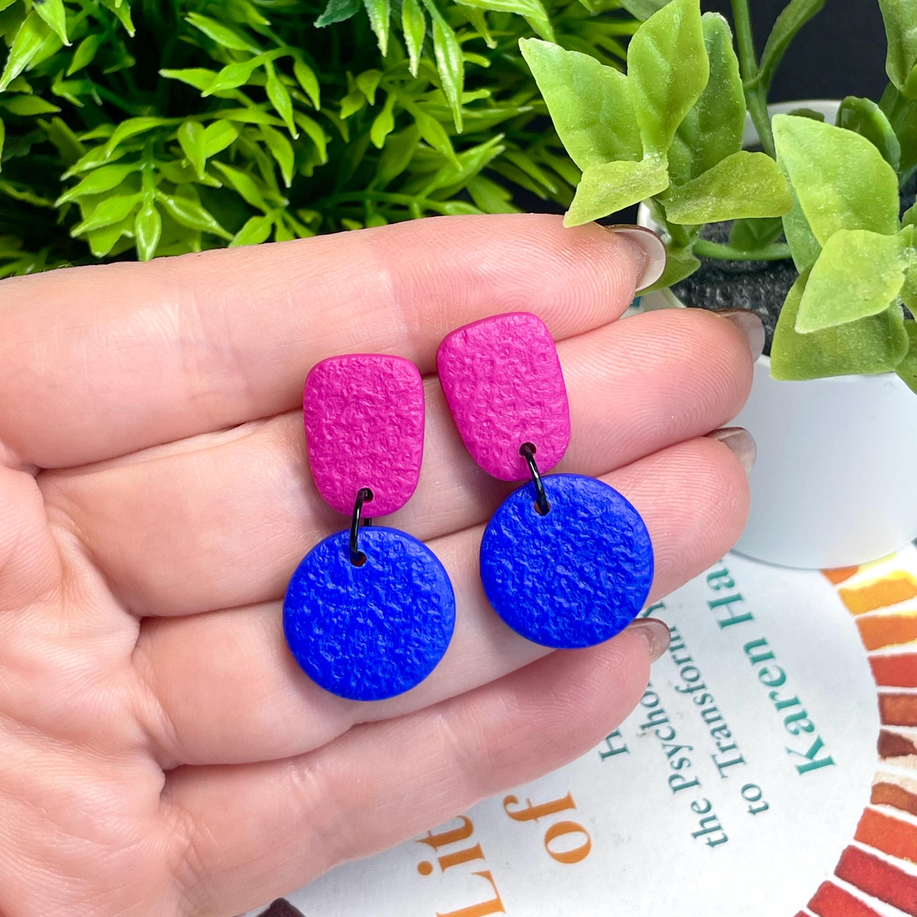 Colour block dangle earrings - hot pink & electric blue hand held