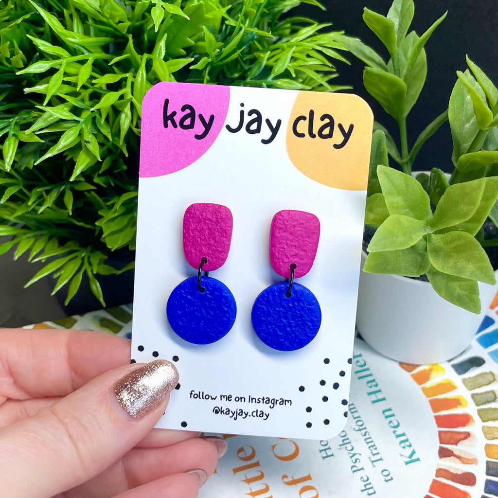 Colour block dangle earrings - hot pink & electric blue on mounting card