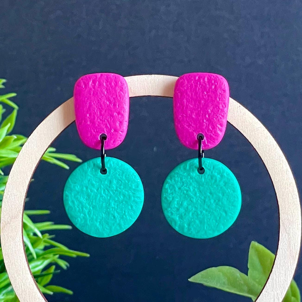 Colour block dangle earrings - hot pink & emerald green