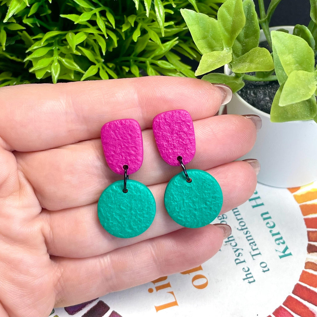Colour block dangle earrings - hot pink & emerald green hand held