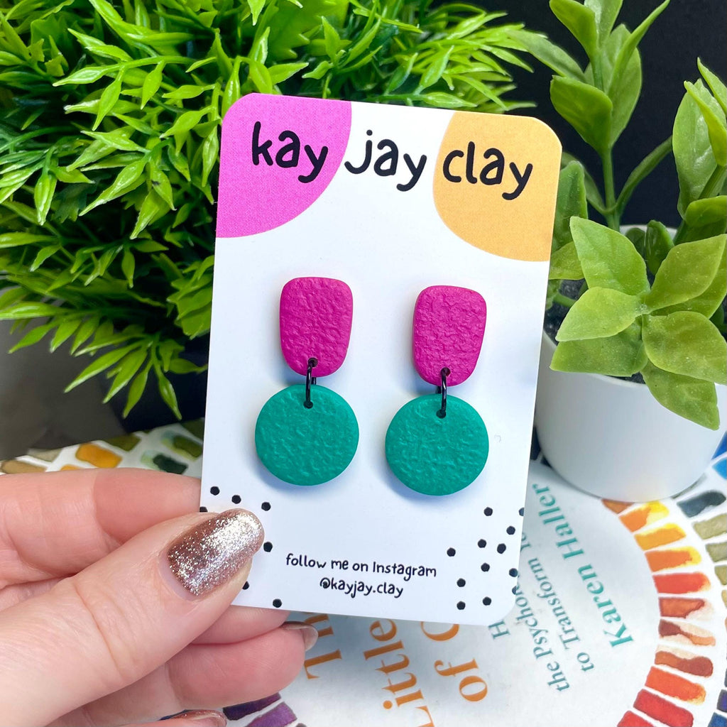 Colour block dangle earrings - hot pink & emerald green on mounting card