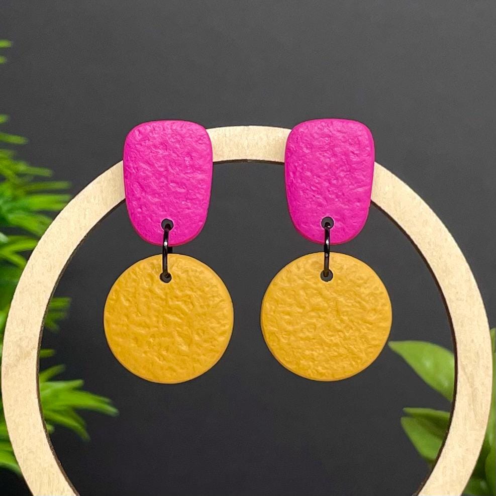Colour block dangle earrings - hot pink & mustard yellow