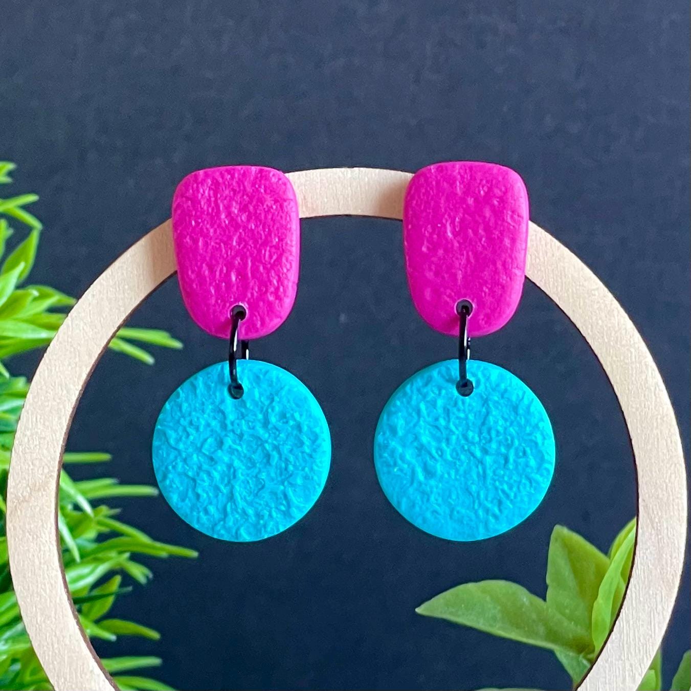 Colour block dangle earrings - hot pink & turquoise