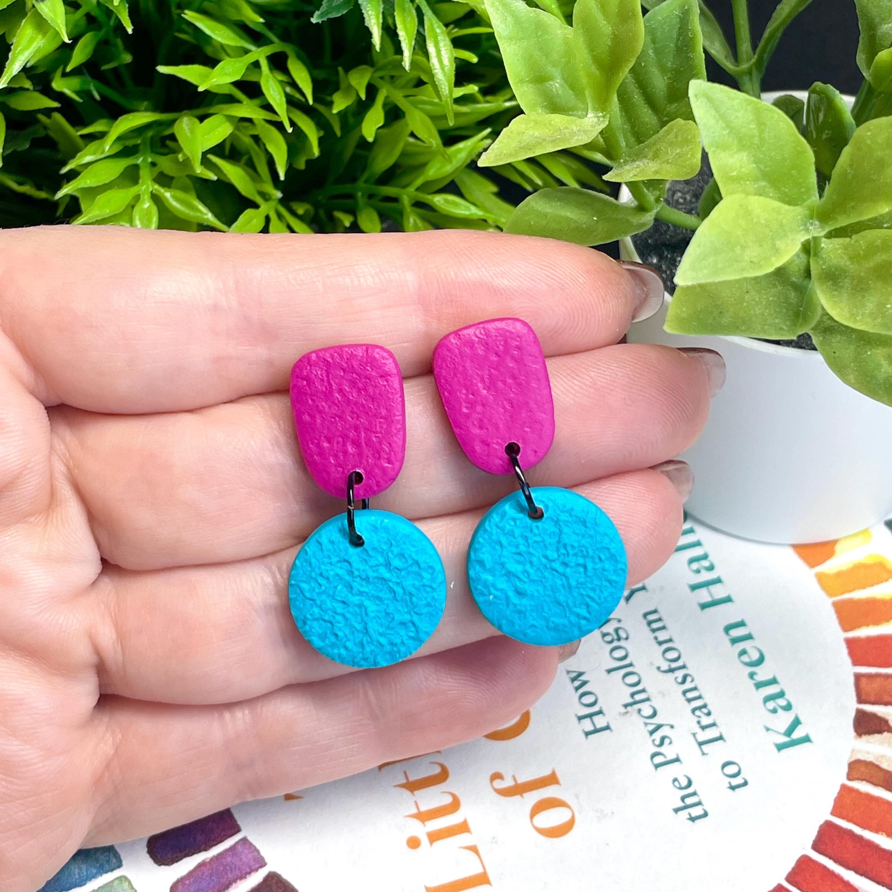 Colour block dangle earrings - hot pink & turquoise hand held