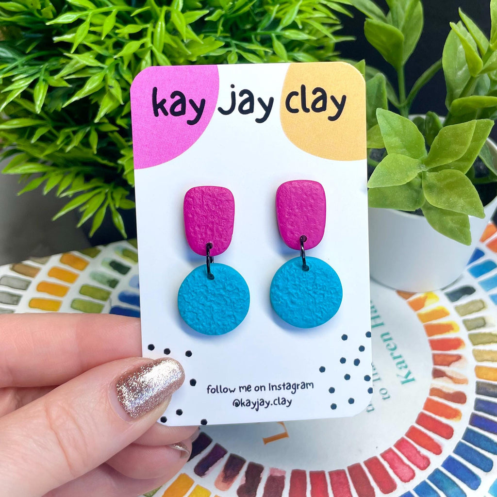 Colour block dangle earrings - hot pink & turquoise on mounting card