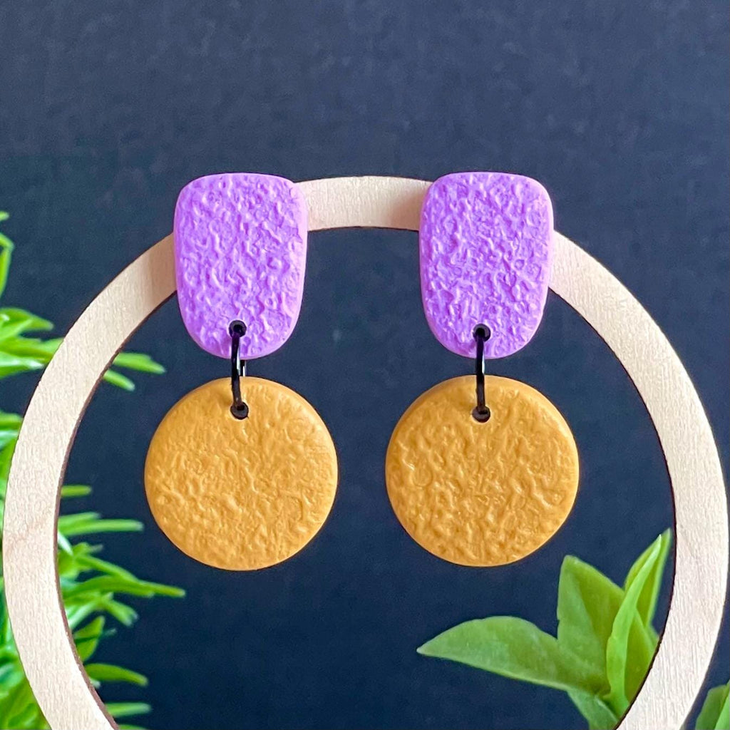 Colour block dangle earrings - lilac & mustard yellow