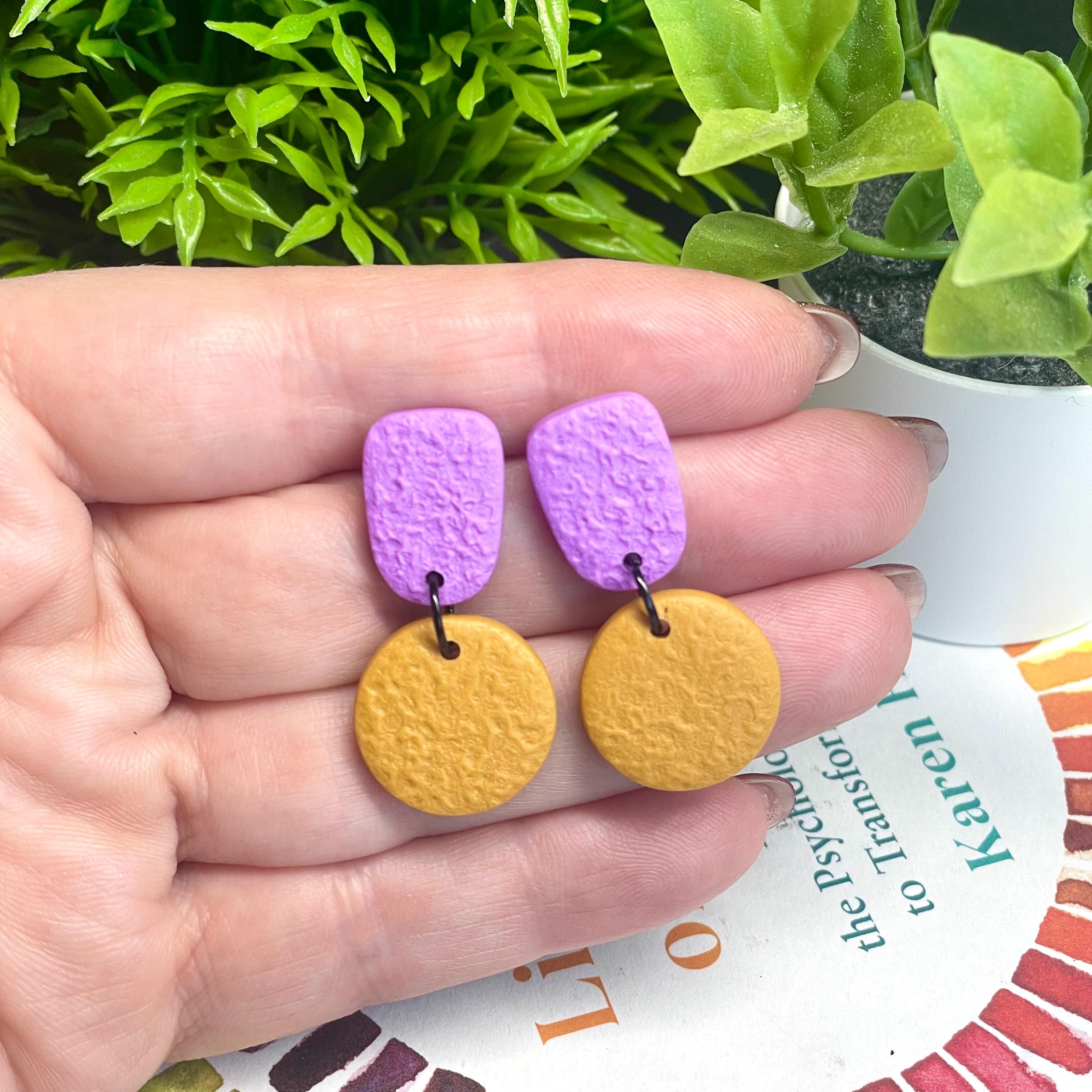 Colour block dangle earrings - lilac & mustard yellow hand held