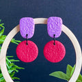 Colour block dangle earrings - lilac & red